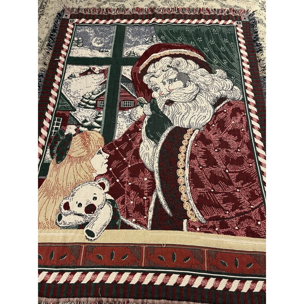 VTG 1996 Goodwin Weavers Tapestry Throw Lap Blanket Christmas Santa Little Girl